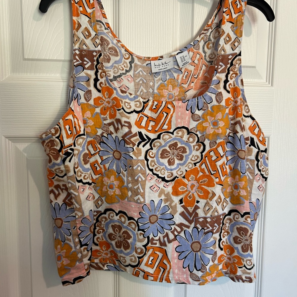 Nicole Miller 100% Linen Multicolor Patterned Cropped Tank Top